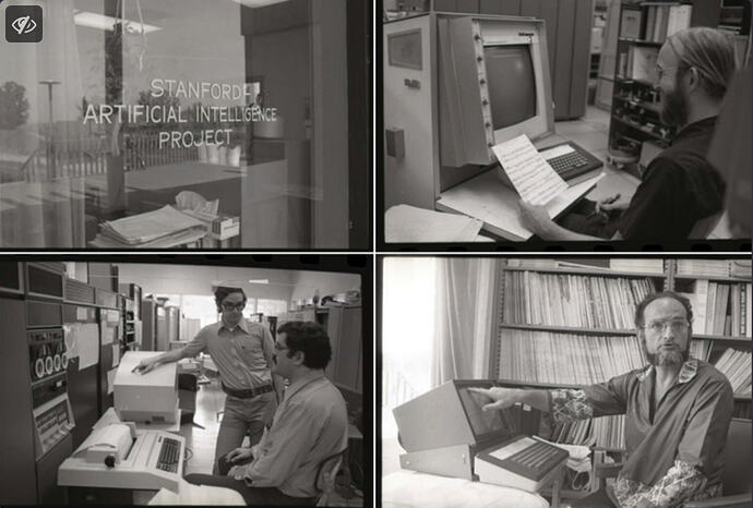 Upper right: Gareth Loy at an III display.  Lower left: Jeff Rubin (standing) and Ralph Gorin (sitting) - two programmer wizards - at the KL10 console.  Lower right: Les Earnest - pointing a FINGER, get it? - at a Data Disc display.