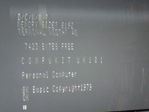 Wobbly TV picture shows 7423 bytes free, cold start of Computer UK101 Basic