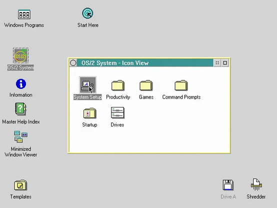 Screenshot showing OS/2 GUI. There's one window, labelled OS/2 System - Icon View with a green/blue title bar with white text. There's a gadget to the left of the bar with a hollow black circle in a grey square. There's a pair of gadgets to the right, one has a hollow black square the other has a broken square showing just the corners. There's a one pixel surround to the gadgets which gives a very shallow 3D relief. There are icons in this window, for System Setup and Drives and also folder icons. The window has a pale yellow surround which has shallow 3D relief but no corner or edge gadgets for resizing.